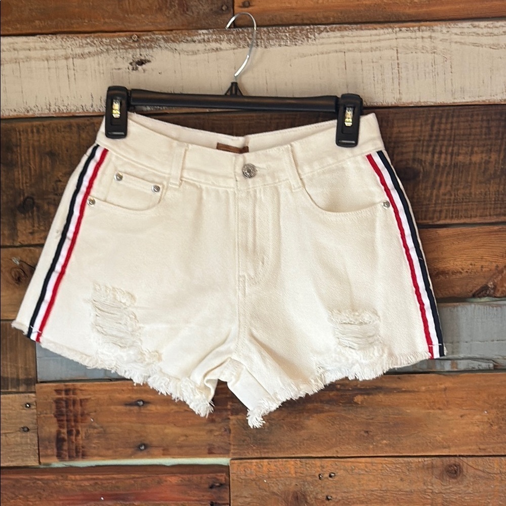 NWOT POL Distressed Denim High Rise-Short w/stripe detail